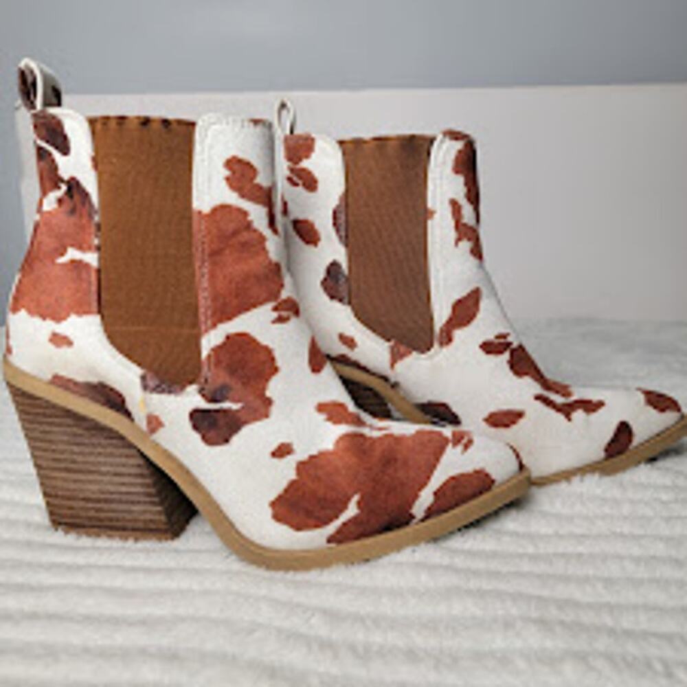 Barn Babe Cow Print Ankle Boots Women’s 7 Block Heel Western‎ Chelsea Booties